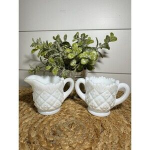 Westmoreland Diamond Point Demi Small White Milk Glass Creamer & Sugar